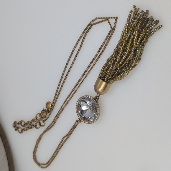 J. Crew Gold and Silver Tassel Necklace with Large Glass Rhinestone Pendant - Picture 1 of 6